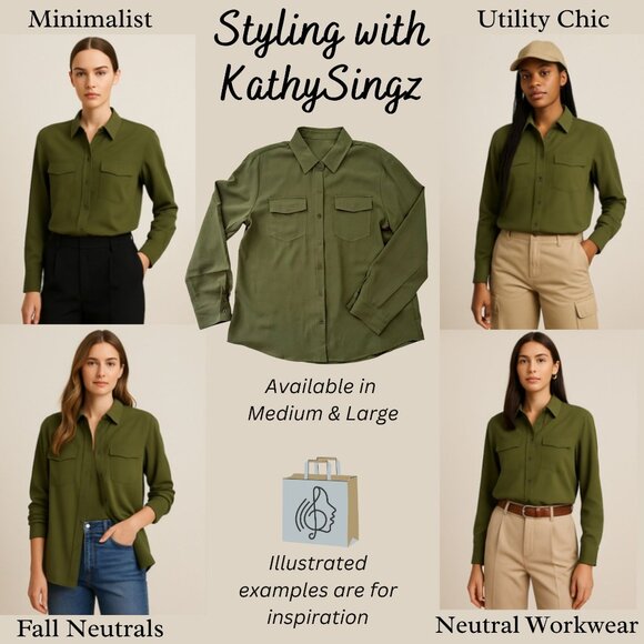 Olive Green Top Size M Button Front Long Sleeve Blouse Fall Utility Neutral - Picture 7 of 11